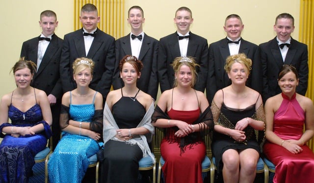 Pupils and partners who attended the 2001 St. Peter's High School formal are, seated, Catriona McLaughlin, Denise Howton, Patti O'Hagan, Jennifer Lamberton, Colleen McBride and Ciara Healy. Standing are James Gallagher, Michael McLaughlin, Peter McGilloway, Kevin Deery, Mario Moran and Ryan Ward.(0105JB50)