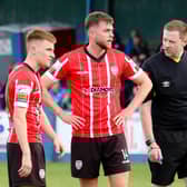 Will Patching stands over the ball before firing it into the Finn Harps net last Saturday.