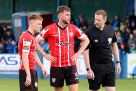 Will Patching stands over the ball before firing it into the Finn Harps net last Saturday.