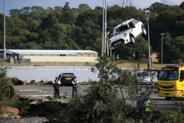 General view of the car park at the River Faughan at Drumahoe, Derry after flooding in 2017. Photo by Kelvin Boyes / Press Eye.