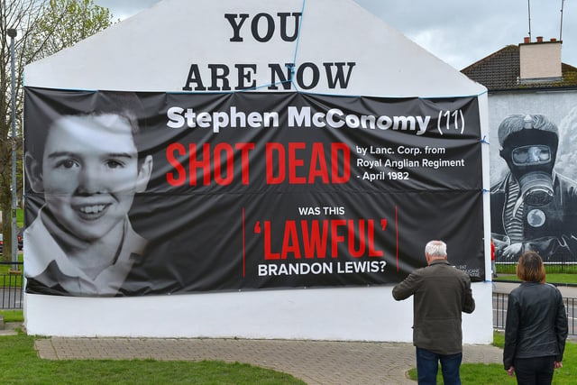 Banner draping Free Derry Wall to mark the 40th anniversary of death of 11 year old Stephen McConomy on Saturday afternoon last.  Photo: George Sweeney. DER2215GS – 071