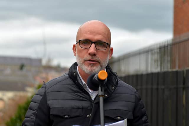 Emmett McConomy speaking at a commemoration in Fahan Street, on Saturday afternoon last, marking the 40th anniversary of the death of his 11-year-old brother Stephen. Photo: George Sweeney. DER2215GS – 078