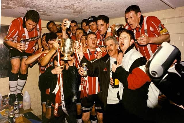 Derry City celebrate their League of Ireland Premier Division title success April 19th, 1997.