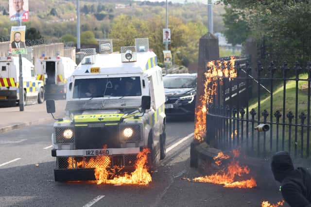 Police come under attack during Saoradh rally at the republican Easter parade at the Bogside area  on Easter Monday 2022. Picutre by Peter Morrison / Press Eye