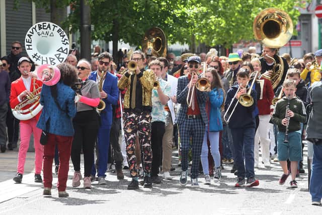 Second Line Jazz parade makes its way through Derry city centre in 2019. (Photo: Lorcan Doherty)