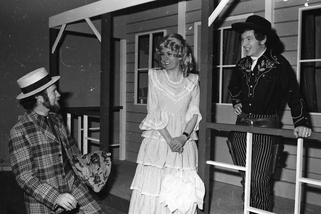 From left, Kelvin Kerr as Ali Hakem, Mary Kelly as Ado Annie and Charlie Gallagher as Will Parker in the St. Brigid’s Amateur Music and Drama Society production of ‘Oklahoma’ in April 1982