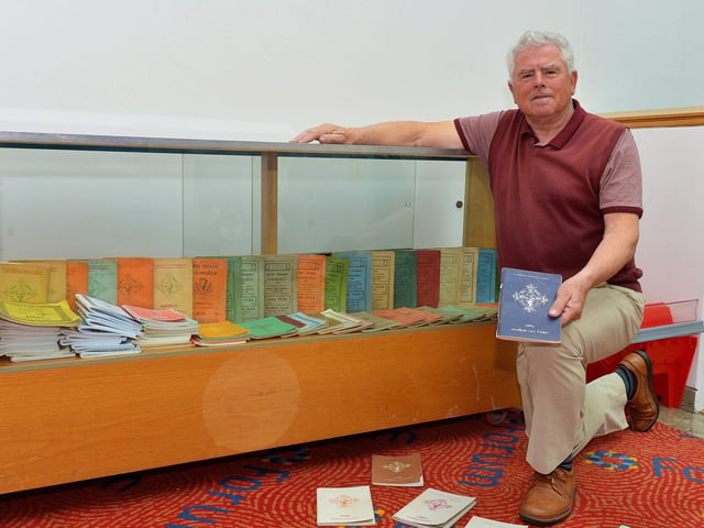 Féis Secretary, Pat McCafferty, pictured with display of Féis Books dating from 1922 t0 2022 at at the recent Féis Dhoíre Cholmcílle, held in Millennium Forum. Photo: George Sweeney DER2216GS 022