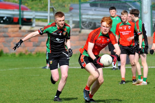 Doire Trasna forward Adam mcGuinness breaks against Slaughtmanus at the Annual Corn na bhFiann U17s Sevens competition held. Photo: George Sweeney. DER2215GS – 042