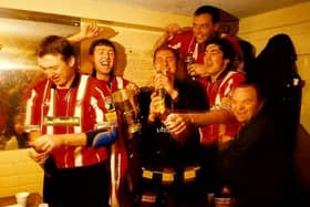 Derry City’s Liam Coyle, Declan Boyle, Declan Devine, Paul Curran, Peter Hutton and John Pio O’Doherty (fan) celebrate the 1997 title triumph.