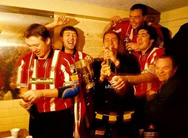 Derry City’s Liam Coyle, Declan Boyle, Declan Devine, Paul Curran, Peter Hutton and John Pio O’Doherty (fan) celebrate the 1997 title triumph.