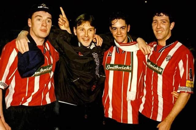 Derry City’s Gavin Dykes, Tom Mohan, Gary Beckett and Declan Boyle celebrate their 1997 title success on the Brandywell pitch.