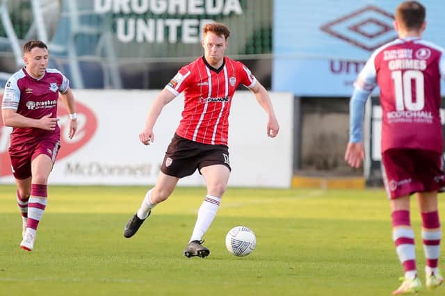 Derry City’s Cameron McJannet breaks out of defence at Drogheda United, on Monday night. Picture by Kevin Moore/MCI