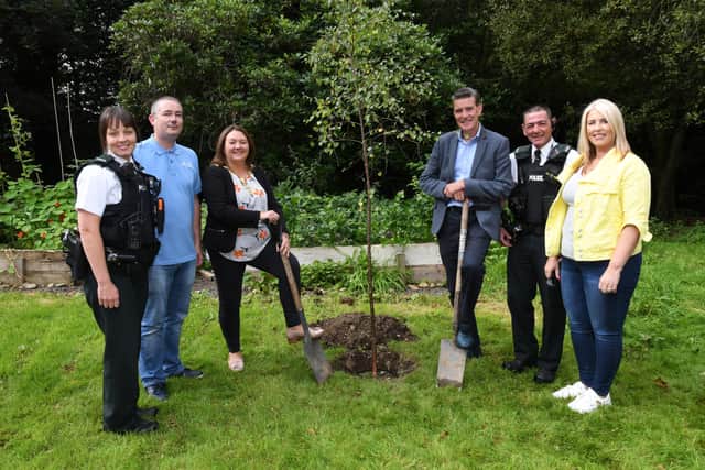 2019: The then Mayor, Councillor Michaela Boyle, and former Mayor, Councillor John Boyle planted a tree for Life After during a fun day in the grounds of St. Columb's Park House. Included are, from left, Constable Heather Black, Christopher Sherrard, Chair of Life After, Constable Roddy O'Connor, and Debbie Mullan, Life After trauma counsellor and Vice-Chair. DER3719-117KM