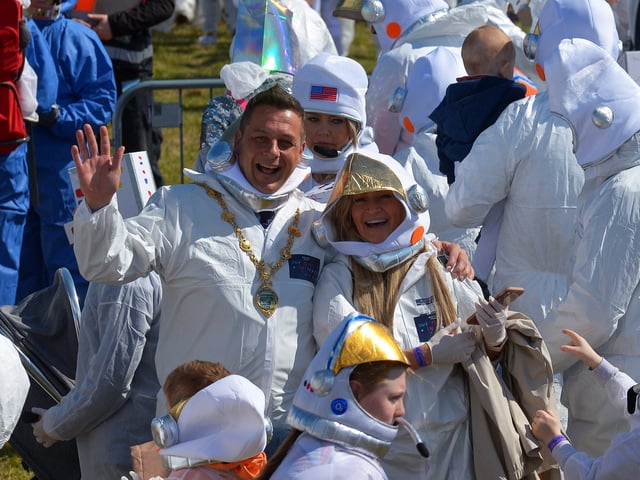 Mayor Graham Warke and his partner Audrienne Mulgrew took part in the successful world record attempt for the most people dressed as astronauts in one place. The previous record was 257 held by a school in England. Photo: George Sweeney. DER2216GS – 214
