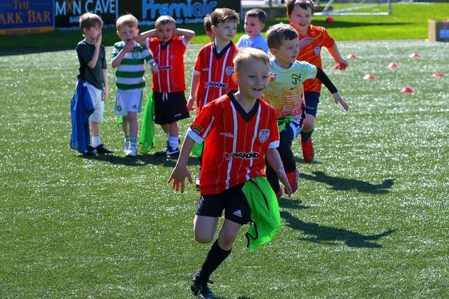 Enjoying the fun and games at the Derry City Easter Football Camp at the Brandywell Stadium. Picture: George Sweeney. DER2216GS-077