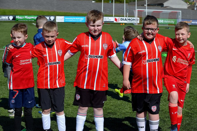 Young lads get ready for a game at the Derry City Easter Football Camp at the Brandywell Stadium. Picture: George Sweeney. DER2216GS-079