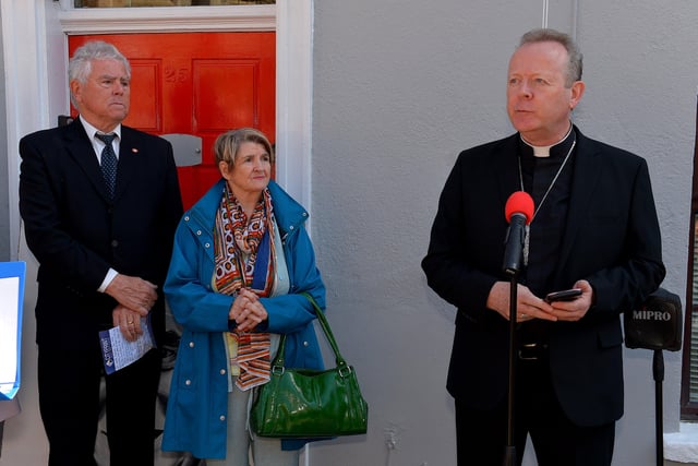 Archbishop Eamon Martin Primate of All Ireland speaking at the unveiling of the Ulster History Circle Blue Plaque in honour of the late James MacCafferty outside his former home in Francis Street, Derry, on Saturday afternoon.  Photo: George Sweeney. DER2216GS – 222