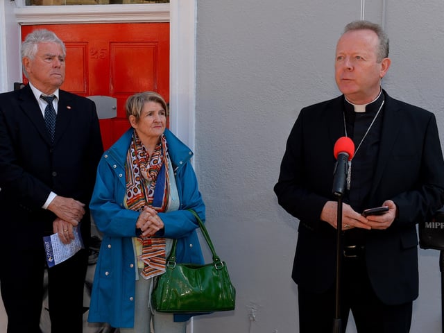Archbishop Eamon Martin Primate of All Ireland speaking at the unveiling of the Ulster History Circle Blue Plaque in honour of the late James MacCafferty outside his former home in Francis Street, Derry, on Saturday afternoon.  Photo: George Sweeney. DER2216GS – 222