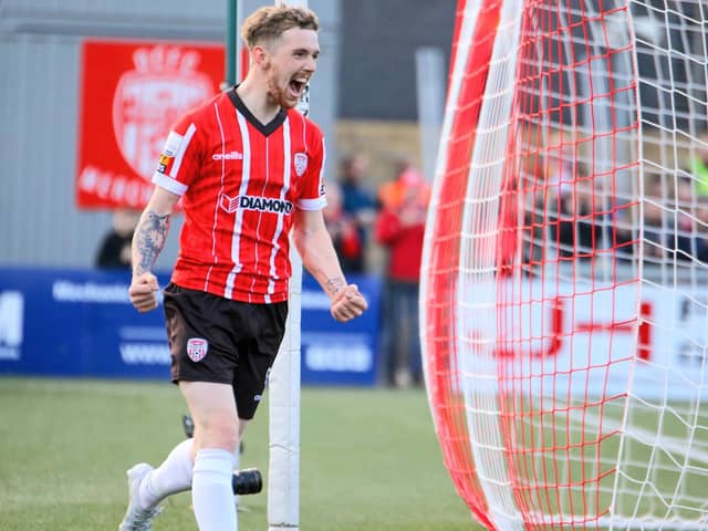Derry City's Jamie McGonigle celebrates his first goal against UCD, on Friday night. Picture by Kevin Moore/MCI