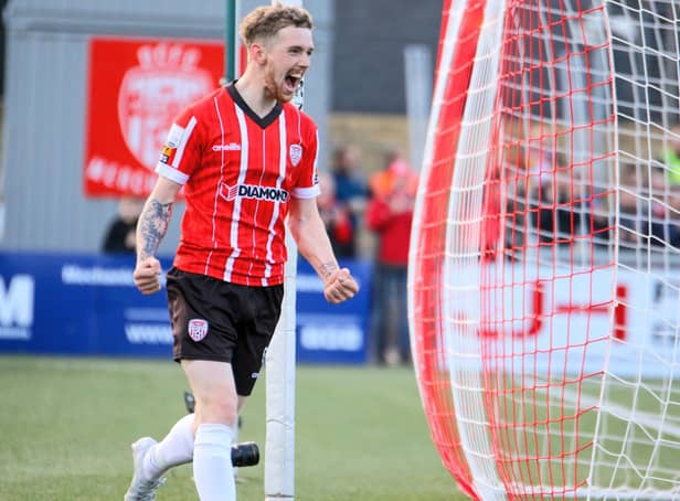 Derry City's Jamie McGonigle celebrates his first goal against UCD, on Friday night. Picture by Kevin Moore/MCI