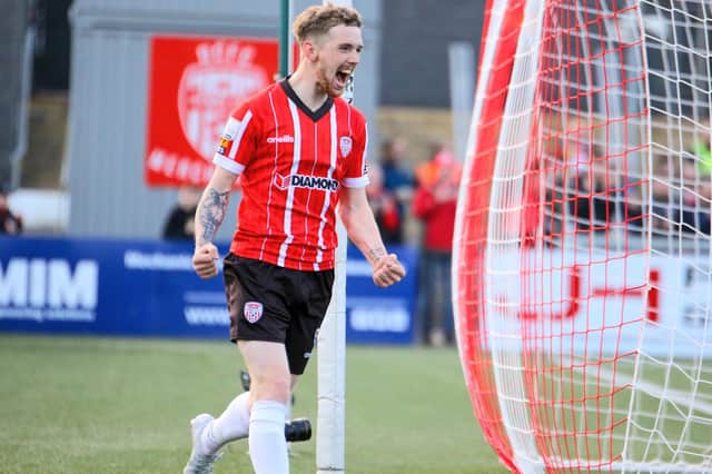 Derry City's Jamie McGonigle celebrates his first goal against UCD, on Friday night. Picture by Kevin Moore/MCI