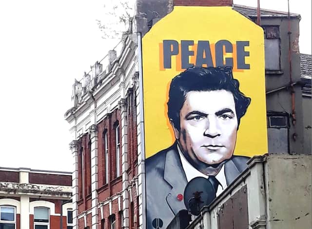 The new mural by artists collective ‘Peaball’ painted on a gable wall of the Grand Central Bar, Great James’ Street.
