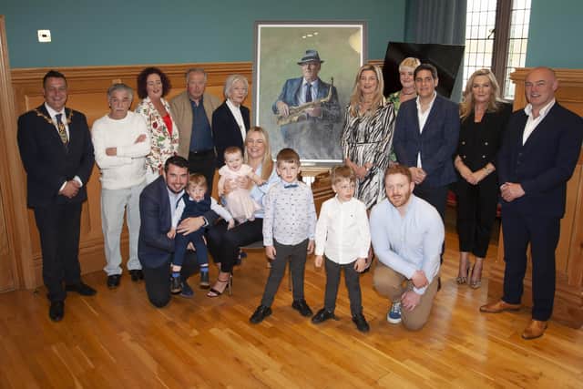 The Mayor of Derry City and Strabane District Council, Graham Warke, pictured with members of Gay McIntyre's family at a reception in the Guildhall on Thursday evening.