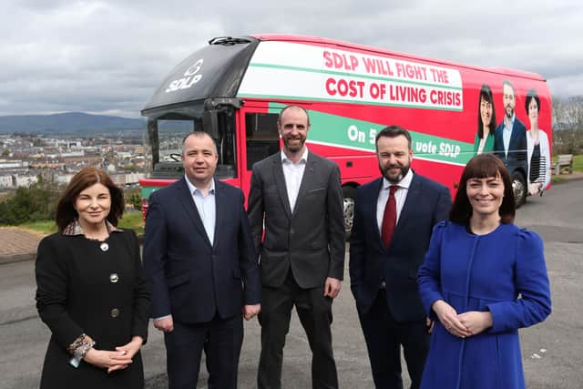 SDLP leader Colum Eastwood and Deputy Leader Nichola Mallon with the party’s three candidates, from left, Sinéad McLaughlin, Brian Tierney and Mark Durkan.