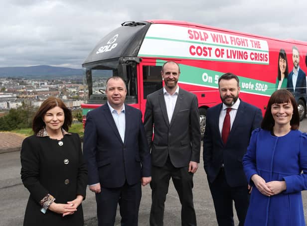 SDLP leader Colum Eastwood and Deputy Leader Nichola Mallon with the party’s three candidates, from left, Sinéad McLaughlin, Brian Tierney and Mark Durkan.