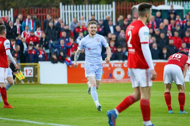 Jamie McGonigle celebrates his second goal against St Pat's at Richmond Park. Photograph by Kevin Moore.