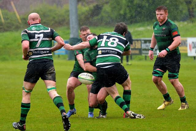 Clonmel's Tony Cantwell (18) was sent off for this high challenge on City of Derry's Hooker Cathal Cregan at Judges Road on Saturday afternoon. (Photo: George Sweeney)