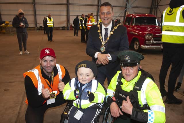 The Mayor pictured with Honour Garda Jack Beattie, Bear Run 74 organiser Keith Bear and PSNI Constable White during Saturdayâ€TMs event.