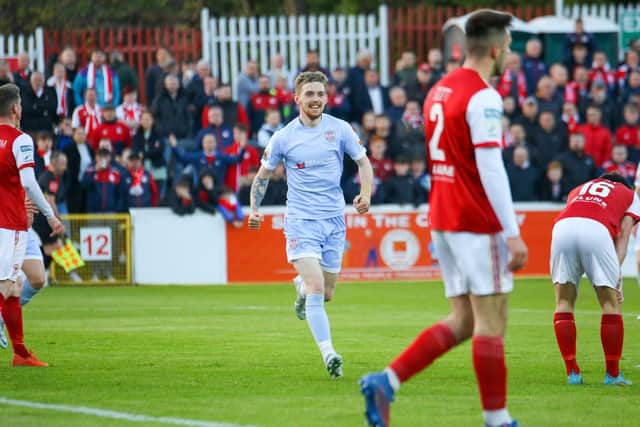 Jamie McGonigle celebrates his ninth goal of the season in the big win at Inchicore on Friday night. Picture by Kevin Moore/MCI
