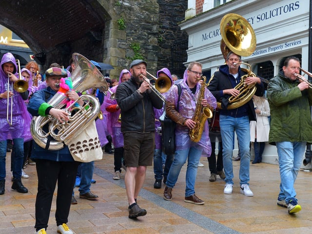The JayDee Brass Band led the DLD Second Line Parade at the Jazz Festival on Saturday afternoon. Photo: George Sweeney.  DER2217GS – 117