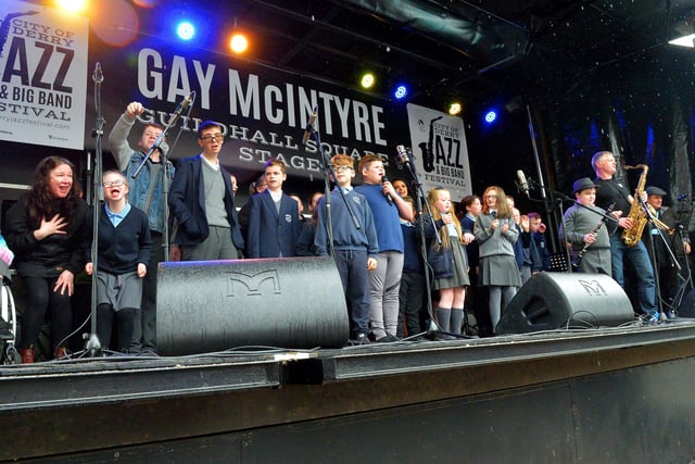 Pupils from Ardnashee School perform on the Gay McIntyre Stage at Guildhall Square during the Jazz Festival. Photo: George Sweeney.  DER2217GS – 131
