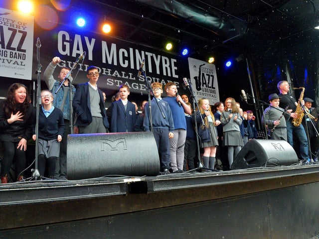 Pupils from Ardnashee School perform on the Gay McIntyre Stage at Guildhall Square during the Jazz Festival. Photo: George Sweeney.  DER2217GS – 131