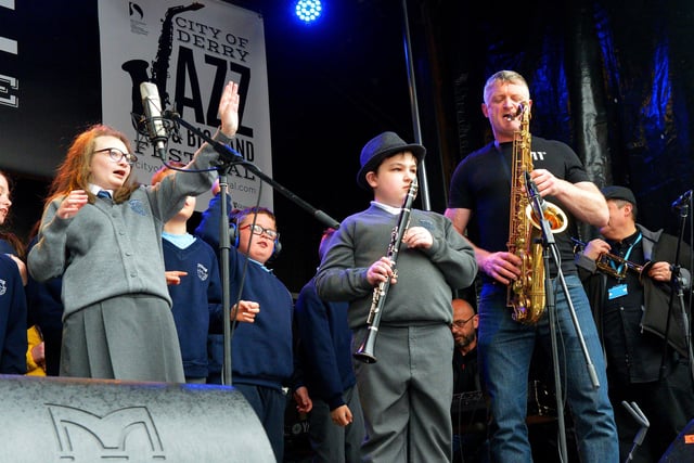 Pupils from Ardnashee School perform on the Gay McIntyre Stage at Guildhall Square during the Jazz Festival. Photo: George Sweeney.  DER2217GS – 132