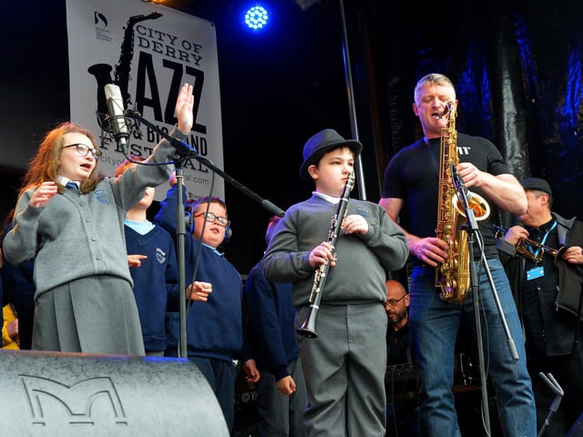 Pupils from Ardnashee School perform on the Gay McIntyre Stage at Guildhall Square during the Jazz Festival. Photo: George Sweeney.  DER2217GS – 132