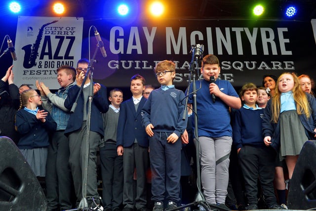 Pupils from Ardnashee School perform on the Gay McIntyre Stage at Guildhall Square during the Jazz Festival. Photo: George Sweeney.  DER2217GS – 133
