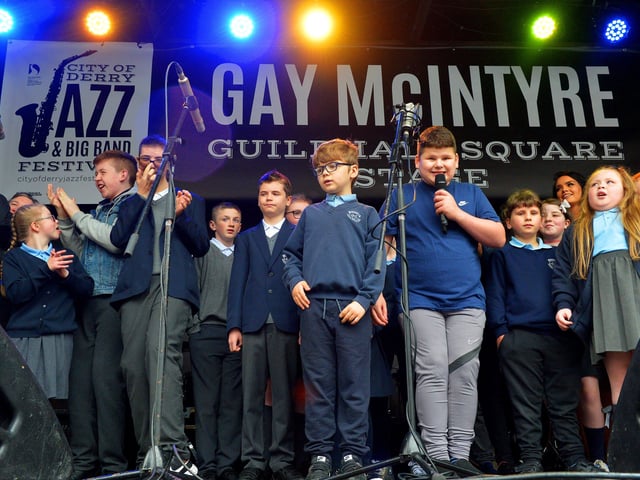 Pupils from Ardnashee School perform on the Gay McIntyre Stage at Guildhall Square during the Jazz Festival. Photo: George Sweeney. DER2217GS – 133