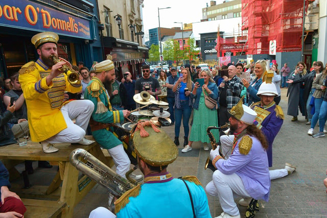 Mr Wilson’s Second Liners performing in Waterloo Street over the Jazz Festival weekend. Photo: George Sweeney.  DER2217GS – 082