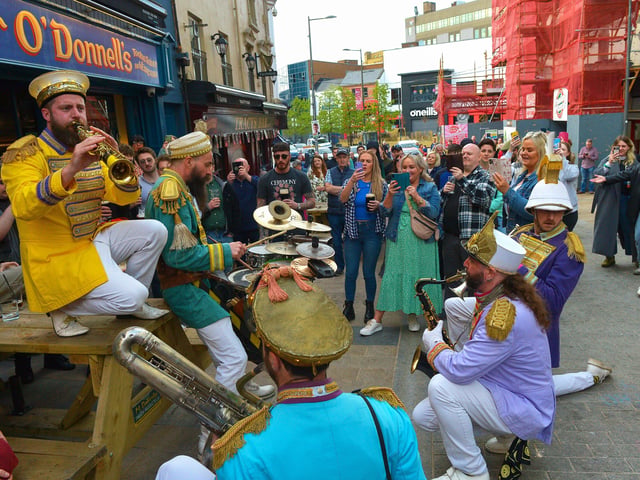 Mr Wilson’s Second Liners performing in Waterloo Street over the Jazz Festival weekend. Photo: George Sweeney.  DER2217GS – 082
