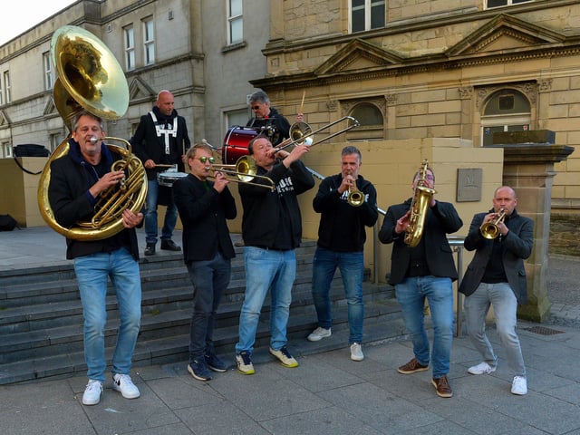 The JayDee Brass Band, from the Netherlands, performing at the Millennium Forum steps over the Jazz Festival weekend. Photo: George Sweeney.  DER2217GS – 097