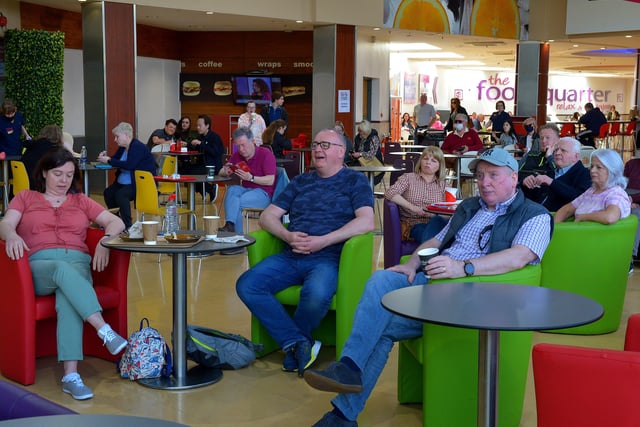 Revellers enjoy a performance of Ricky Cool and the In Crowd, in Foyleside Shopping Centre, during the Jazz Festival weekend. Photo: George Sweeney.  DER2217GS – 043