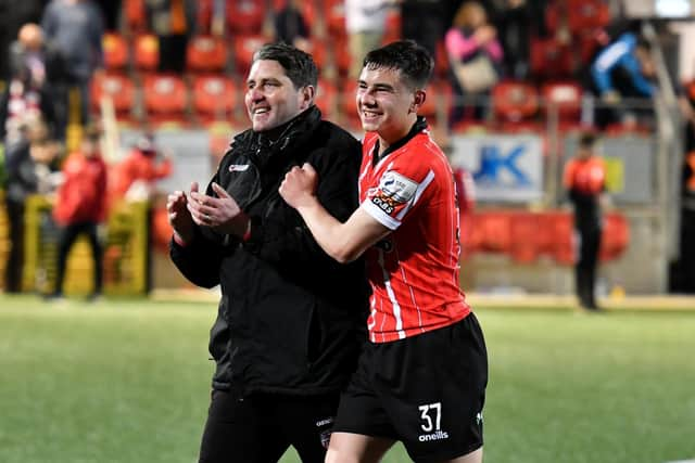 Ruaidhri Higgins and Derry City teenage debutante Daithi McCallion after the 7-1 drubbing of UCD.