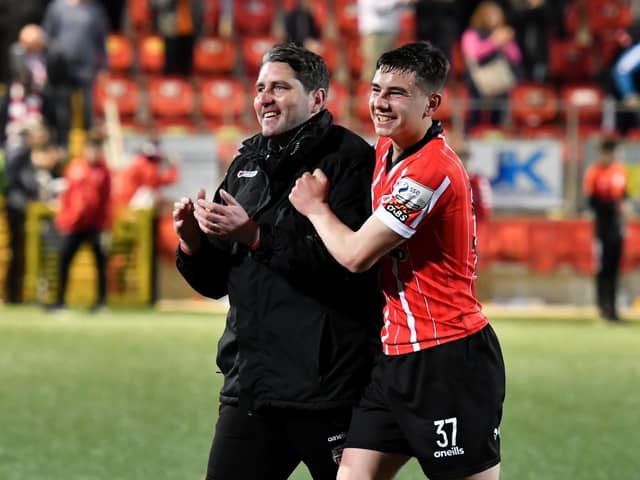Ruaidhri Higgins and Derry City teenage debutante Daithi McCallion after the 7-1 drubbing of UCD.