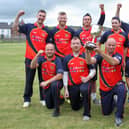 Brigade celebrate their Sam McConnell Charity Cup Final win over Eglinton. Picture by Barry Chambers