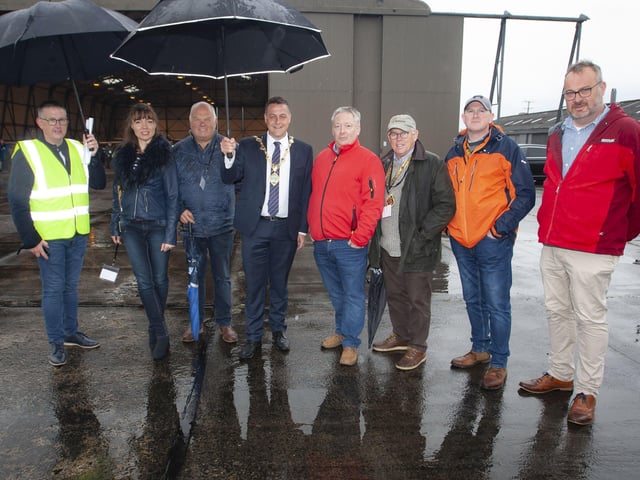 BEAR RUN 74. . . . . .The Mayor of Derry City and Strabane District Council, Graham Warke pictured at the City of Derry Airport on Saturday morning for the Bear Run 74. Included from left are Alister Payne, Raquel Fenton, Ken Henderson, Andrew Fenton, Sean McNulty, Pauric Fannon and Andrew McClelland. (Photos: Jim McCafferty Photography)