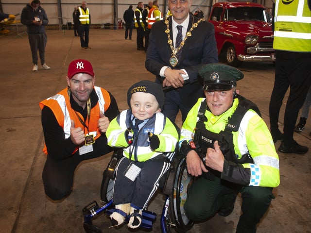 The Mayor pictured with Honour Garda Jack Beattie, Bear Run 74 organiser Keith Bear and PSNI Constable White during Saturdayâ€TMs event.