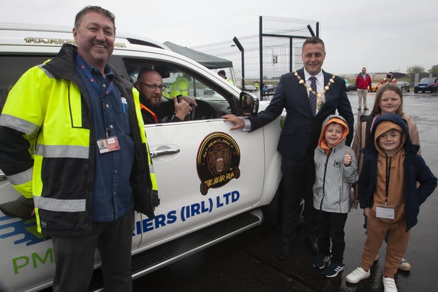 LAUNCH OF THE BEAR RUN 74!. . . . . The Mayor of Derry City and Strabane District Council, Graham Warke pictured at City of Derry Airport on Saturday morning welcoming the safety car driven by Joe Jackson, leading the convoy through the gates of the airport for the Bear Run 74 VIP event. On right is Steve Frazer, managing director, CODA.